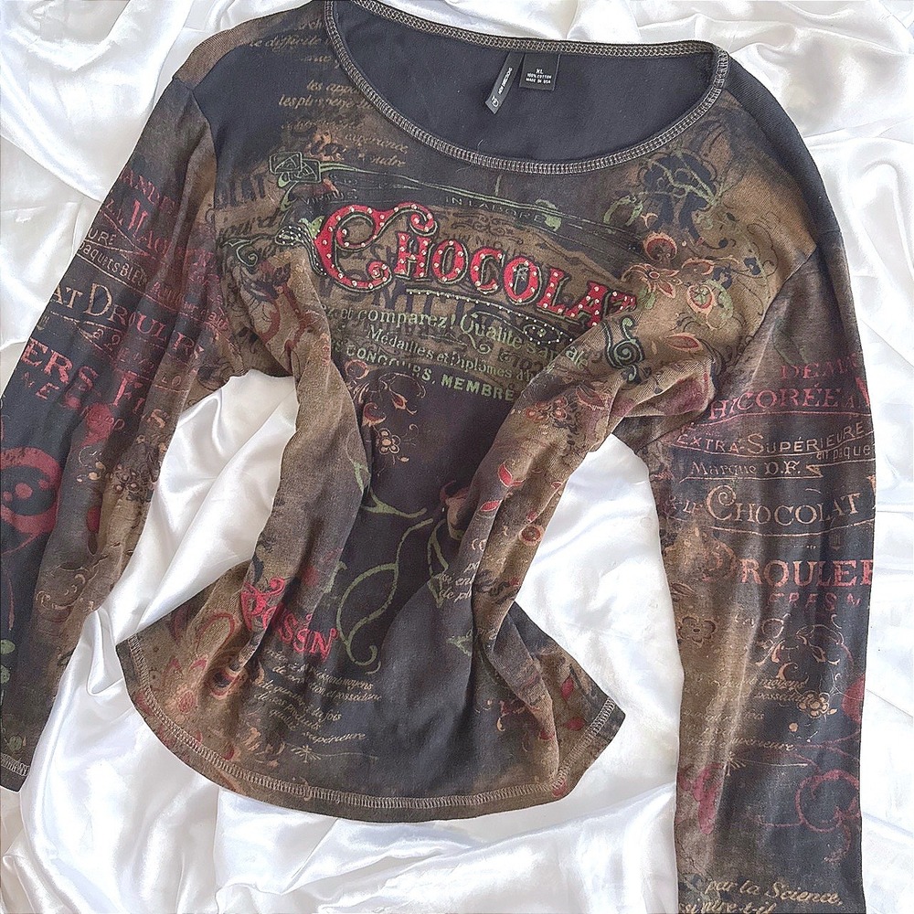 New Directions Chocolat French Graphic Rhinestone Long Sleeve Top XL Cotton